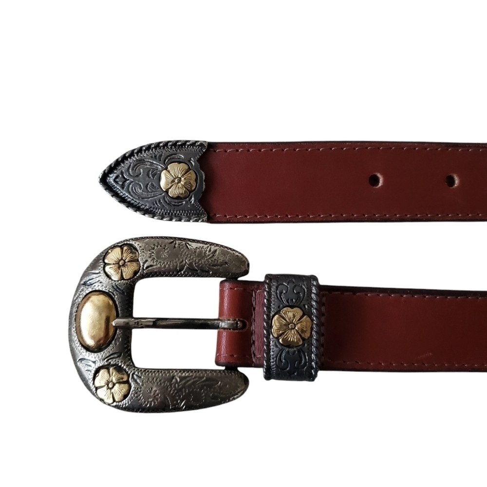 Vintage Mr. Jax Canada Brown Leather Belt Floral Etched Buckle